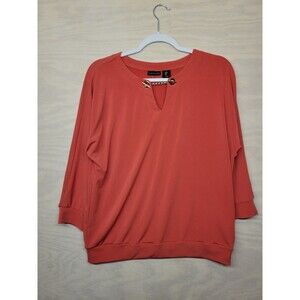 Tahari Top Women's SZ M  V-Neck Blouse 3/4 Sleeve Burnt Orange Stretchy